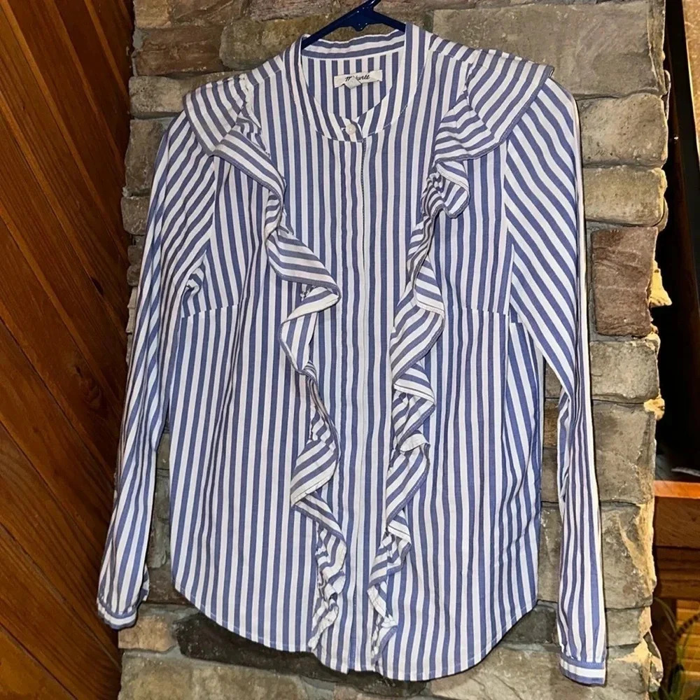 MADEWELL Whitney Striped Ruffle Top Blouse Blue / White XS Button Down Long Slv - Picture 2 of 8